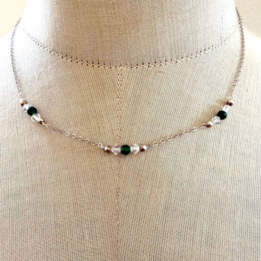Vintage Sterling Silver Green Stone & Crystal Necklace Emerald Tone Beaded Neck